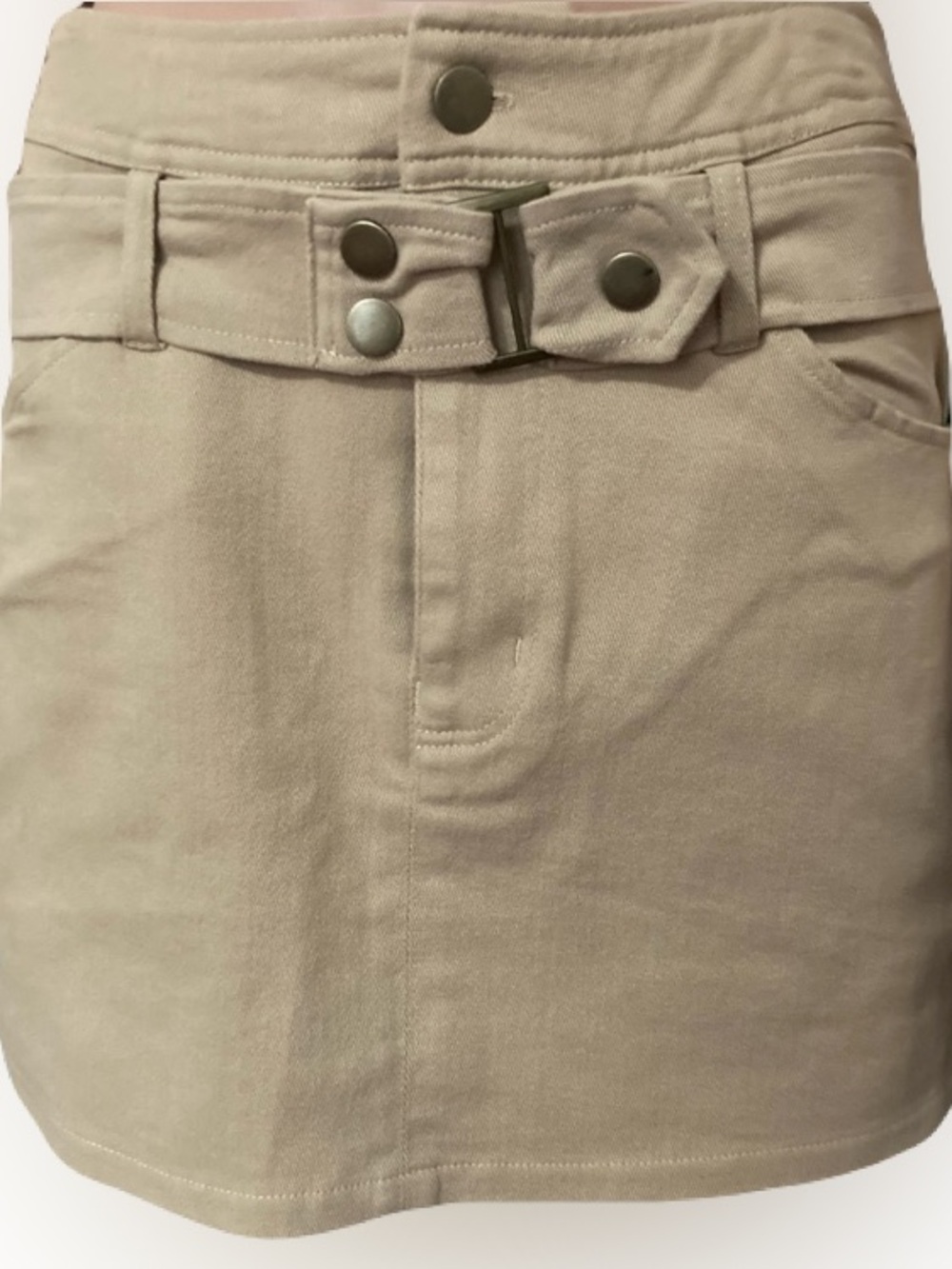 Stitch & Pines Khaki Mini Skirt Medium NWT Double Buckle Stretch Cotton